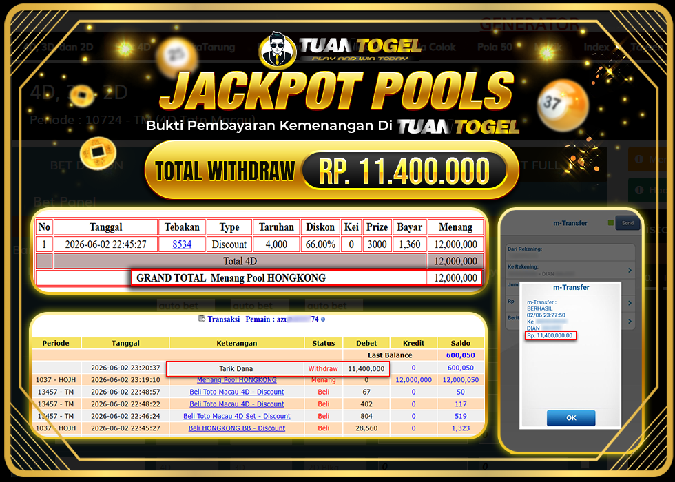 TUANTOGEL JACKPOT TOGEL HONGKONG Rp11.400.000,- LUNAS